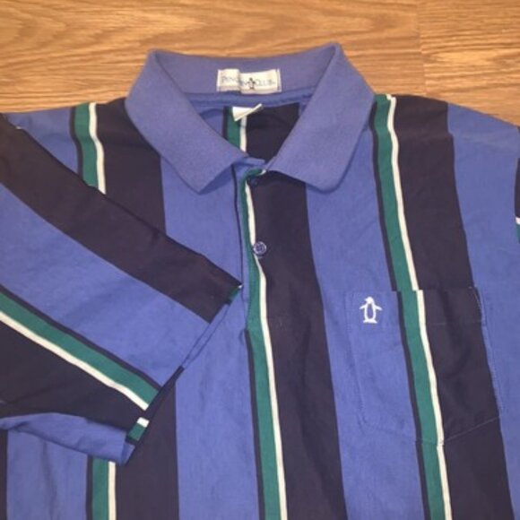 Penguin Club Mens Short Sleeve Polo Large Blue Green Black Striped VTG Style - Picture 1 of 7